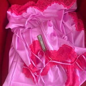 NWT  SKIMS Woven Shine Lace Long Dress XS  Neon Orchid Pink